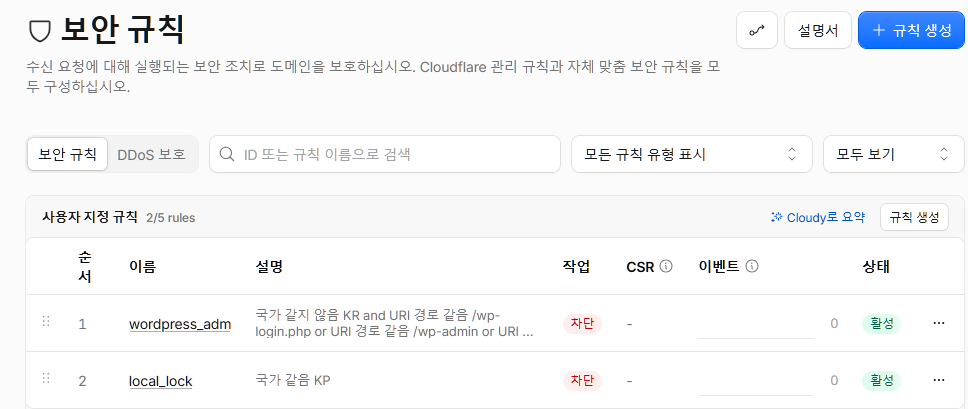 Cloudflare 보안 규칙 페이지로 2가지 규칙이 생성된 것을 볼 수 있다.