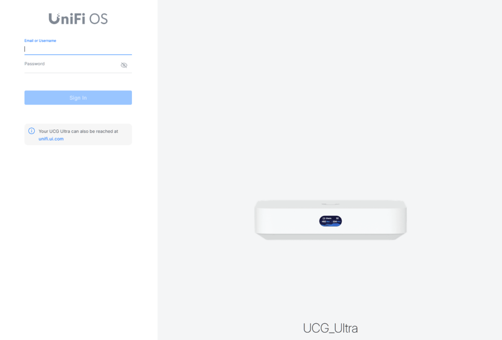 UCG-Ultra 관리자 페이지 로그인 화면
이메일과 password 입력화면이 나온다